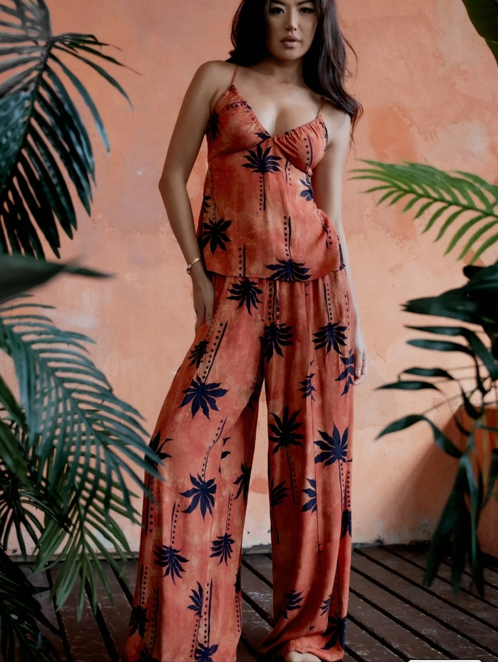 Wide-Leg Palm-Print  Pajamas